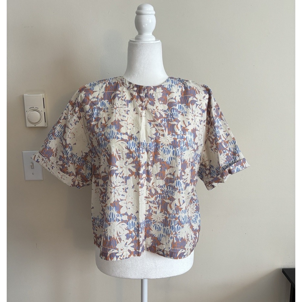 Wildfang The Essential Boxy Top Short Sleeve Floral Womens Medium Blue Cotton
